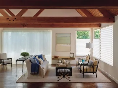 A modern living room with stylish blinds on large windows, furnished with a sofa, chairs, and a coffee table, showcasing an inviting and elegant interior design.